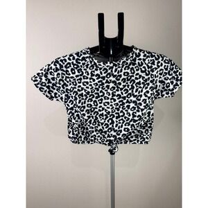 Leopard Print Swim Top Black White‎ Short Sleeve Front Tie Crop Rash Guard